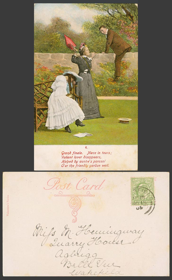 Romance Man Climbing Wall Woman 6 Grand Finale  Niece in Tears 1906 Old Postcard