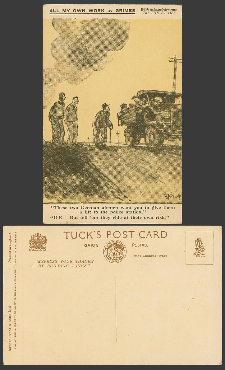 GRIMES Artist Signed Old Tuck's Postcard All My Own Work German Airmen Want Lift