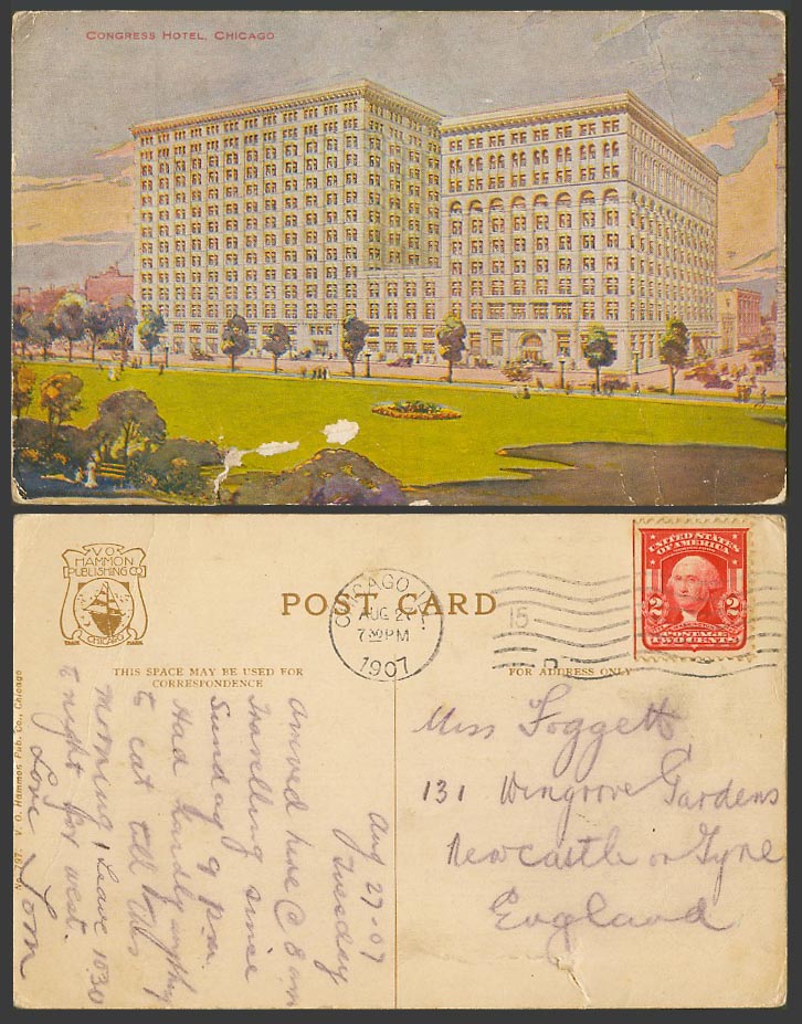 USA 1907 Old Colour Postcard Congress Hotel Building Garden Gardens Street Scene