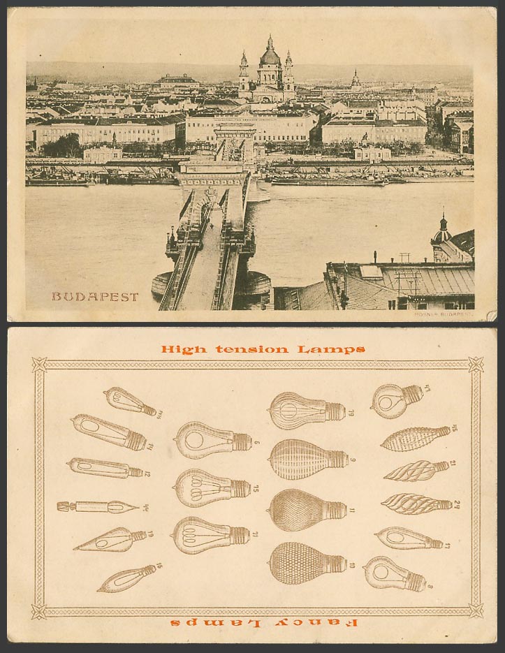 Hungary Old Card Budapest Bridge, High Tension and Fancy Lamps Bulbs Advertising