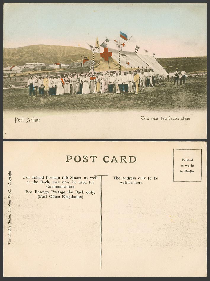 China Old Hand Tinted Postcard RED CROSS, TENT near Foundation Stone Port Arthur