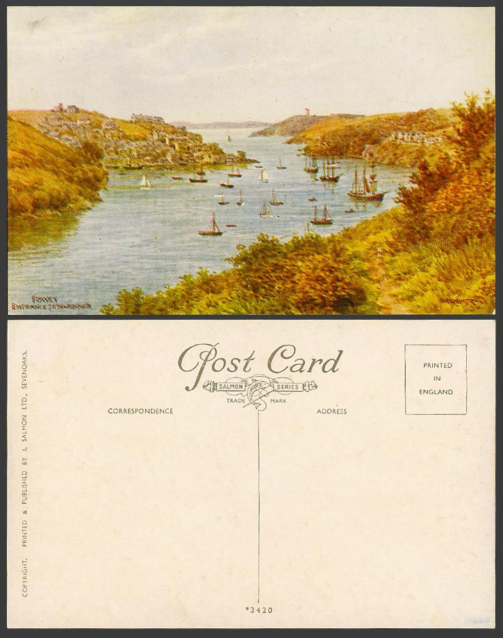A.R. Quinton Old Postcard Fowey Entrance to Harbour Ships Boats Cornwall No.2420