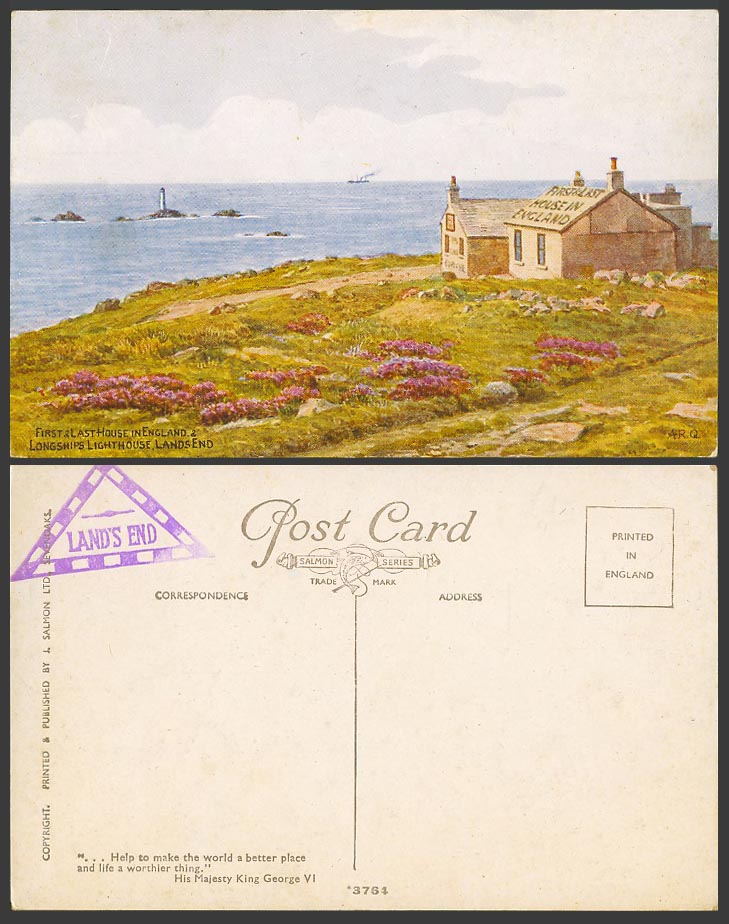 A.R. Quinton Old Postcard 1st & Last House in England, Longship Lighthouse 3764