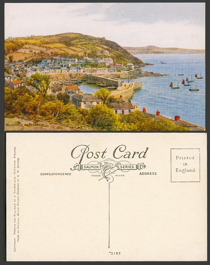 A.R. Quinton Old Postcard Mousehole nr Penzance Harbour Boats Pier Cornwall 2187