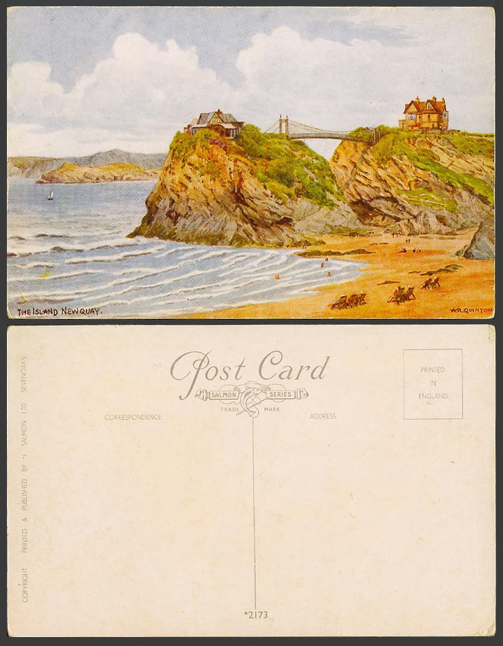 A.R. Quinton Old Postcard The Island Newquay Bridge Rocks Beach Cornwall No.2173