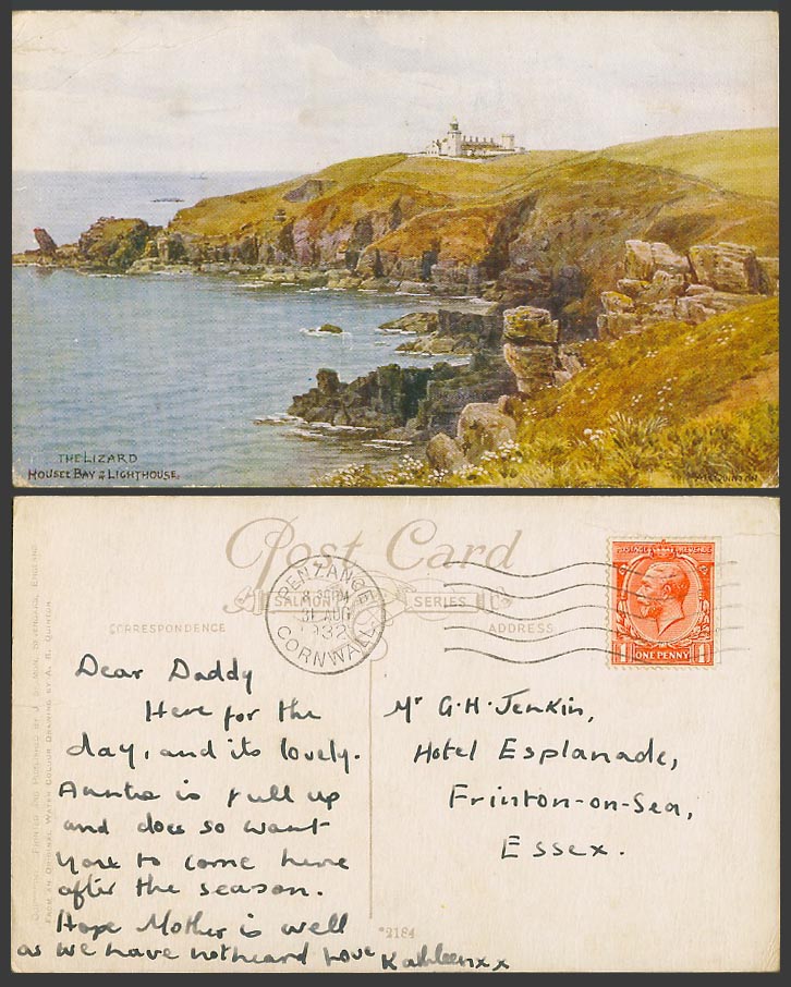 A.R. Quinton 1932 Old Postcard The Lizard Housel Bay & Lighthouse, Cornwall 2184