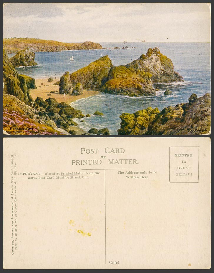 AR Quinton Old Postcard Kynance Cove from The Hill, Beach Panorama Cornwall 2194