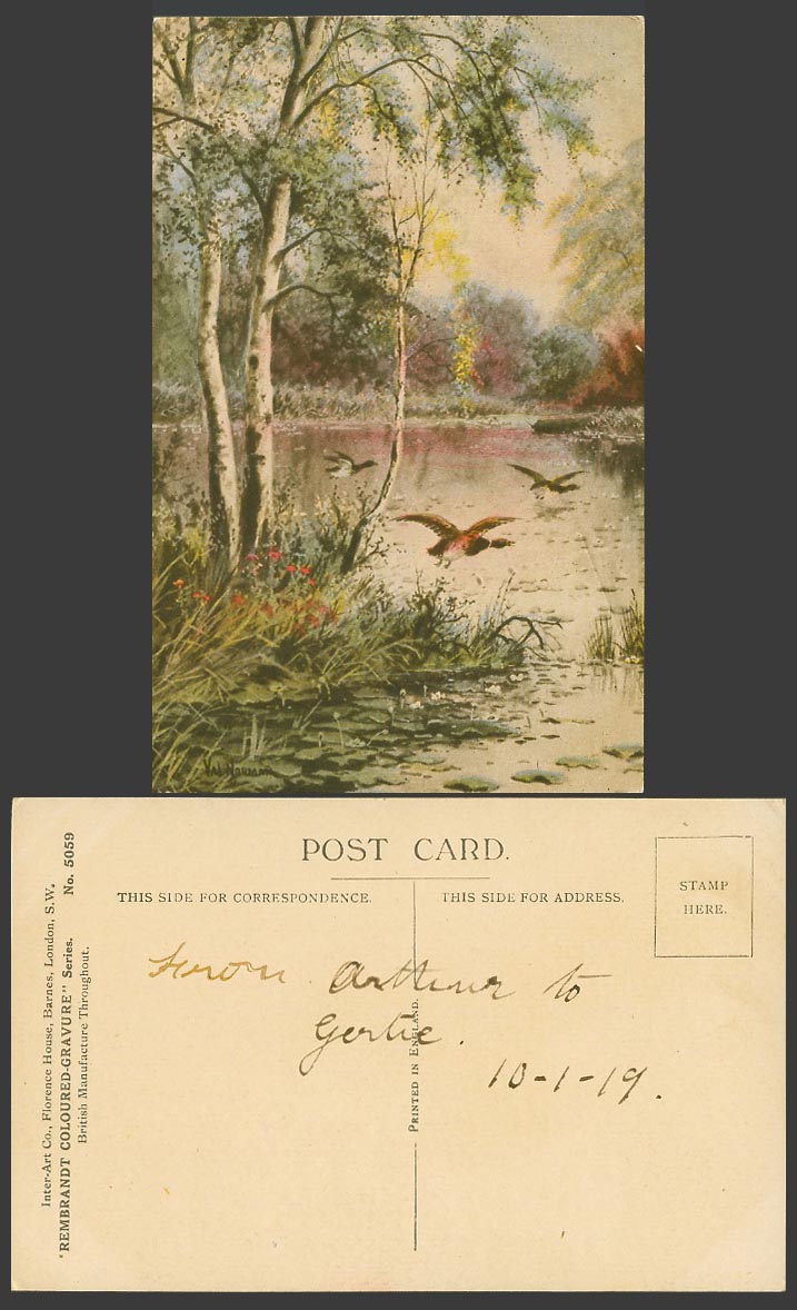 Flying Birds Ducks Geese above Lake Trees Art Artist Drawn 1919 Old Postcard