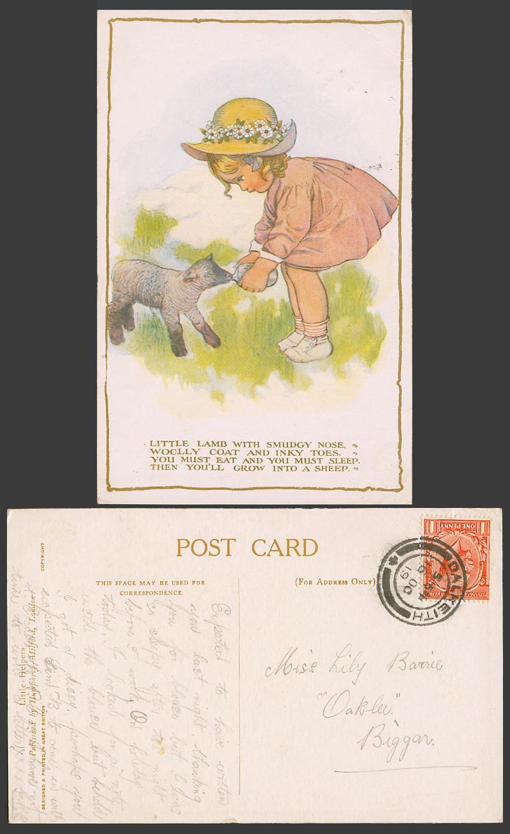 Girl Feeding Little Lamb Will Grow into a Sheep 1919 Old Postcard Little Helpers