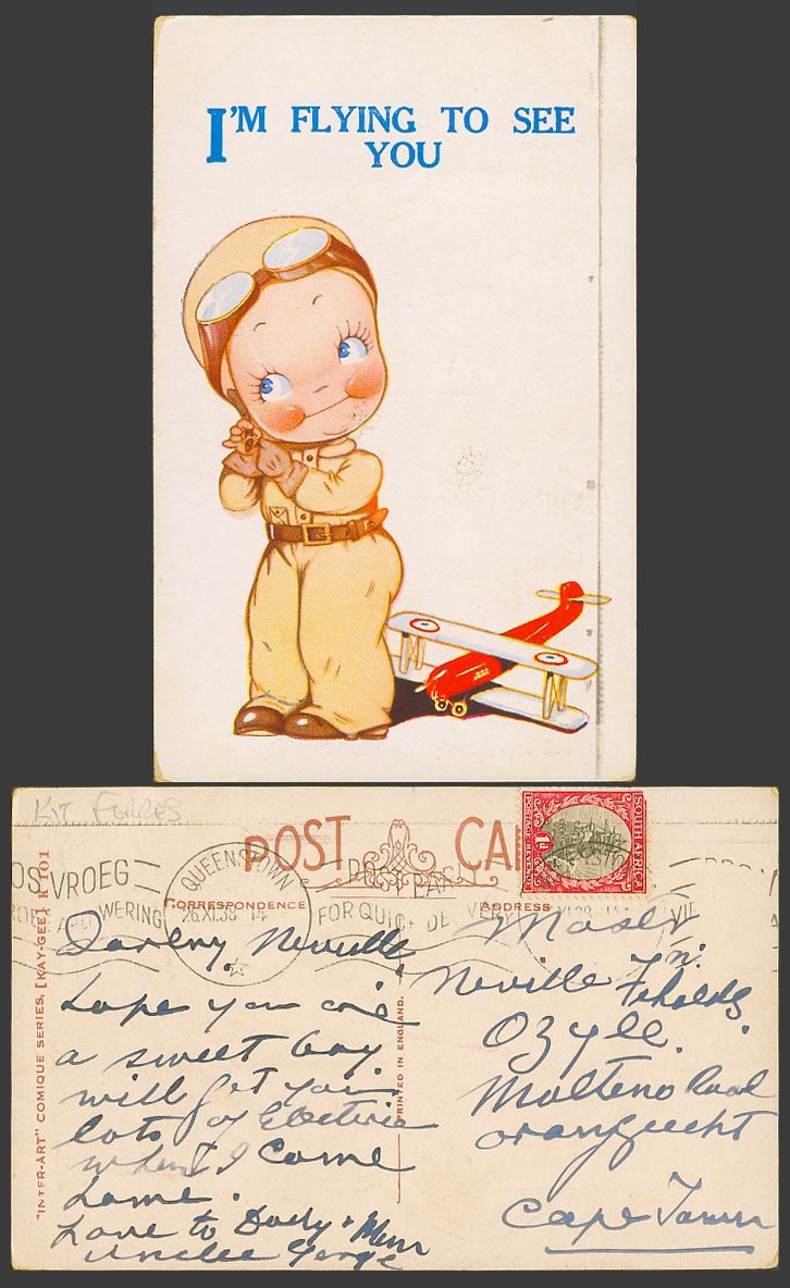 I'm Flying to See You Kit Forres Biplane Pilot Aviator Costume 1938 Old Postcard