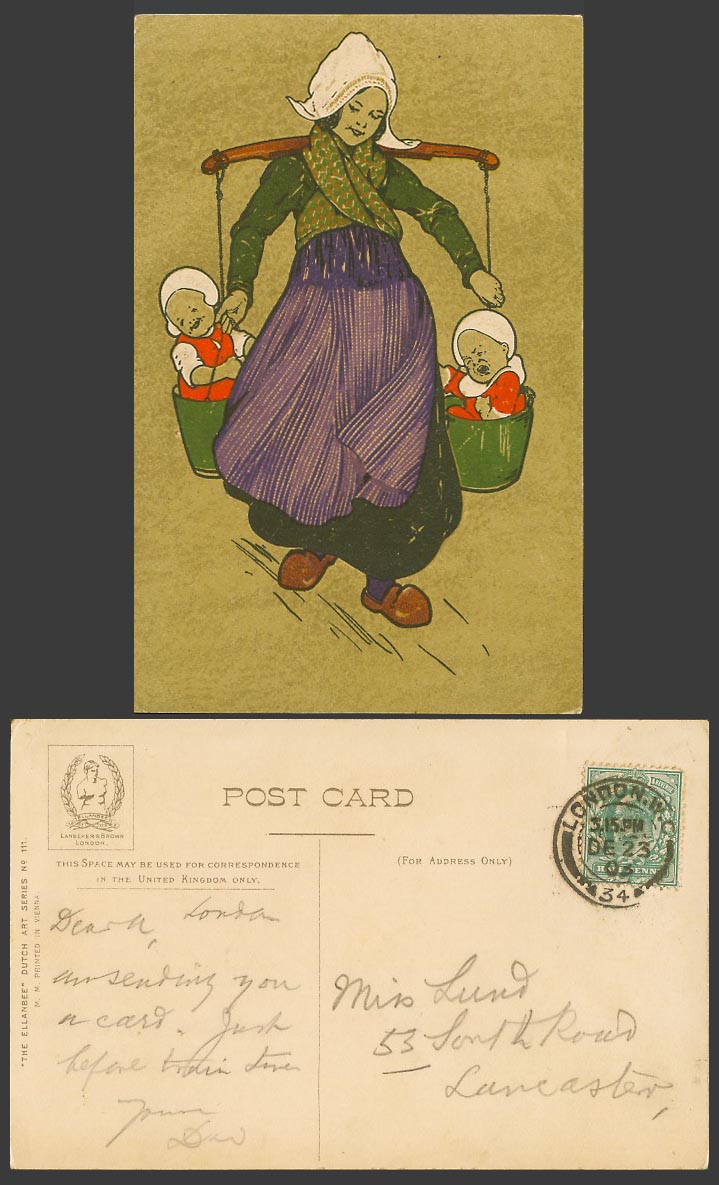Netherlands ART 1903 Old Postcard Dutch Girl Carry Twins Twin Babies in Buckets