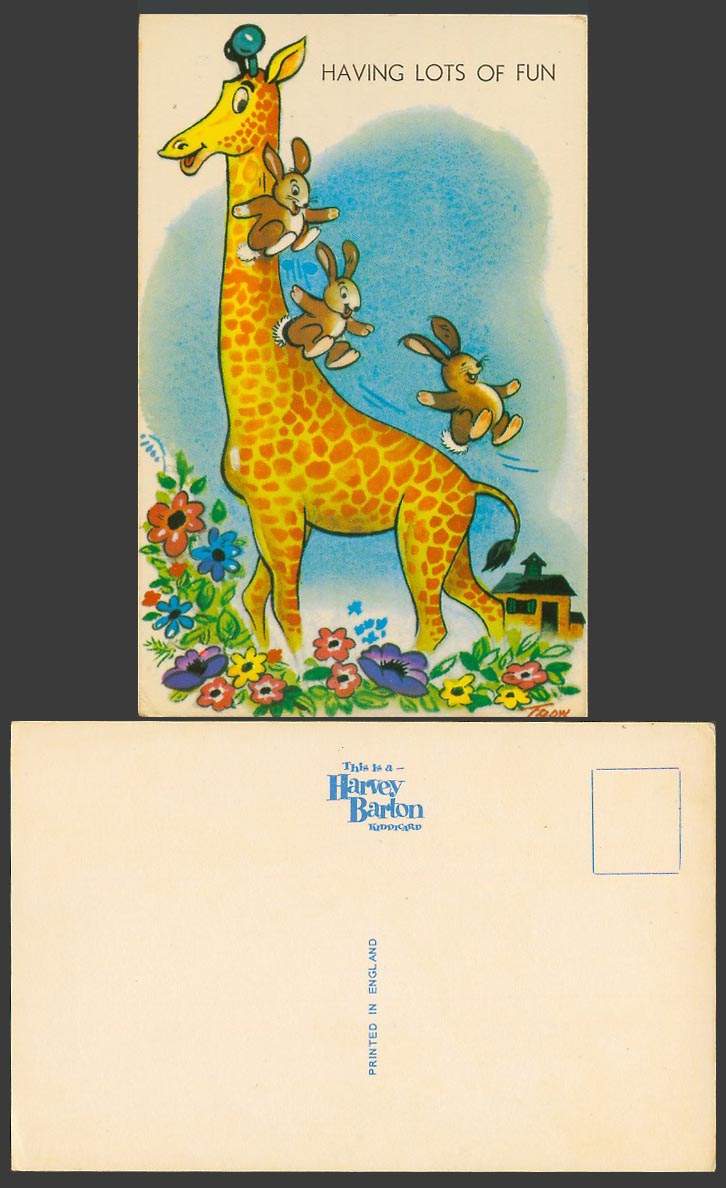 Trow Artist Signed Old Postcard Rabbits on Giraffe Slide - Having Lots of Fun HB