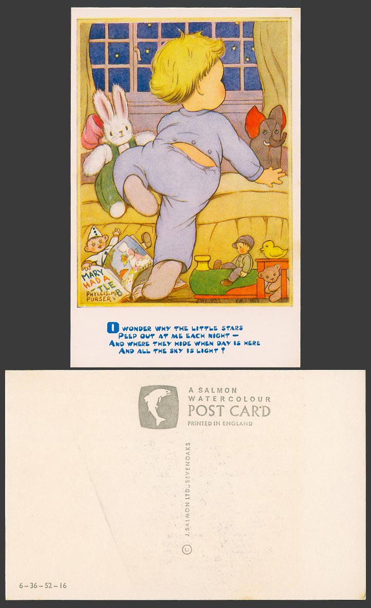 Phyllis Purser Old Postcard Why stars peep out each night? Teddy Bear, Elephant