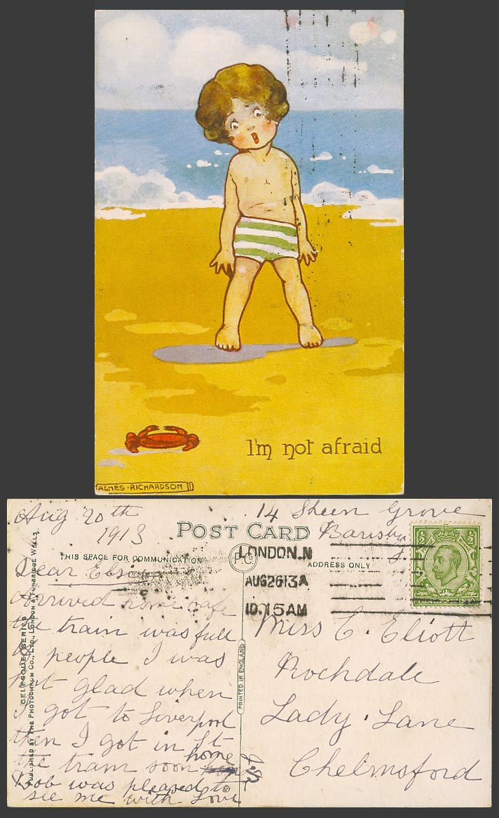 Agnes Richardson 1913 Old Postcard I'm Not afraid of Crab, Beach, Seaside Comic