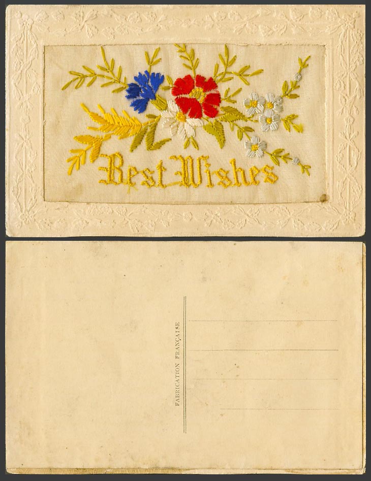 WW1 SILK Embroidered French Old Postcard Best Wishes, Flowers, Novelty Greetings