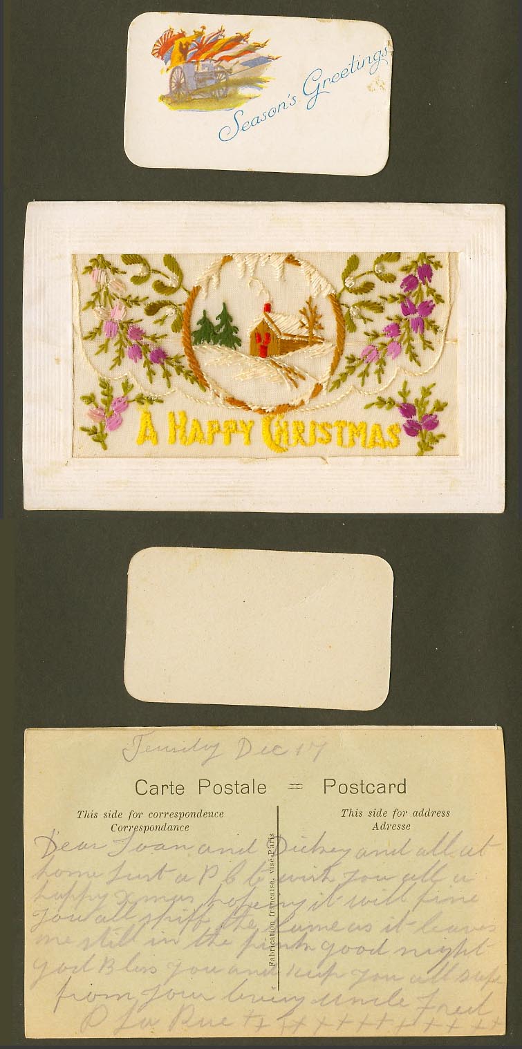 WW1 SILK Embroidered 1917 Old Postcard A Happy Christmas Cottage, Card in Wallet