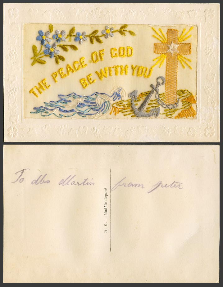 WW1 SILK Embroidered Old Postcard The Peace of God Be With You, Anchor Cross Sea