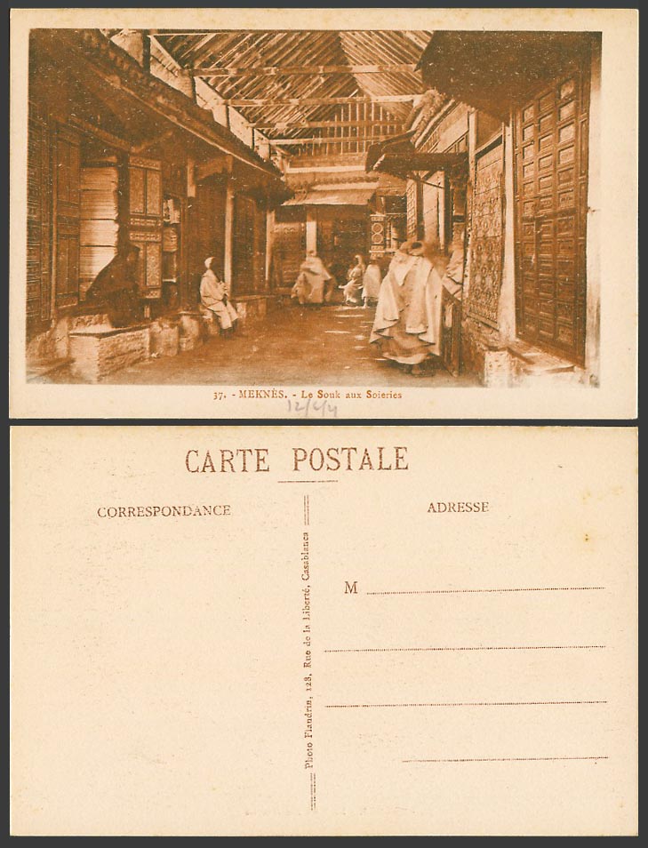 Morocco 1921 Old Postcard Meknes Le Souk aux Soieries, Silk Market Shops, Seller