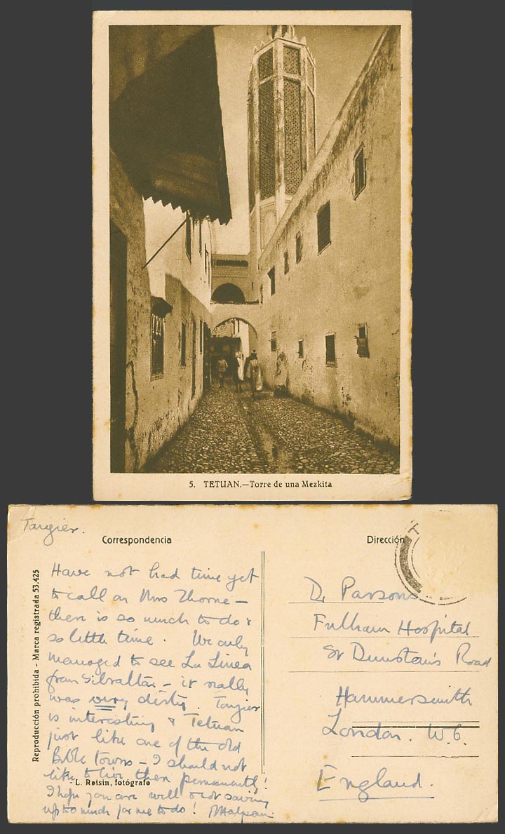 Morocco Old Postcard TETUAN Torre de una Mezkita, Mosque Tower Street Scene Gate