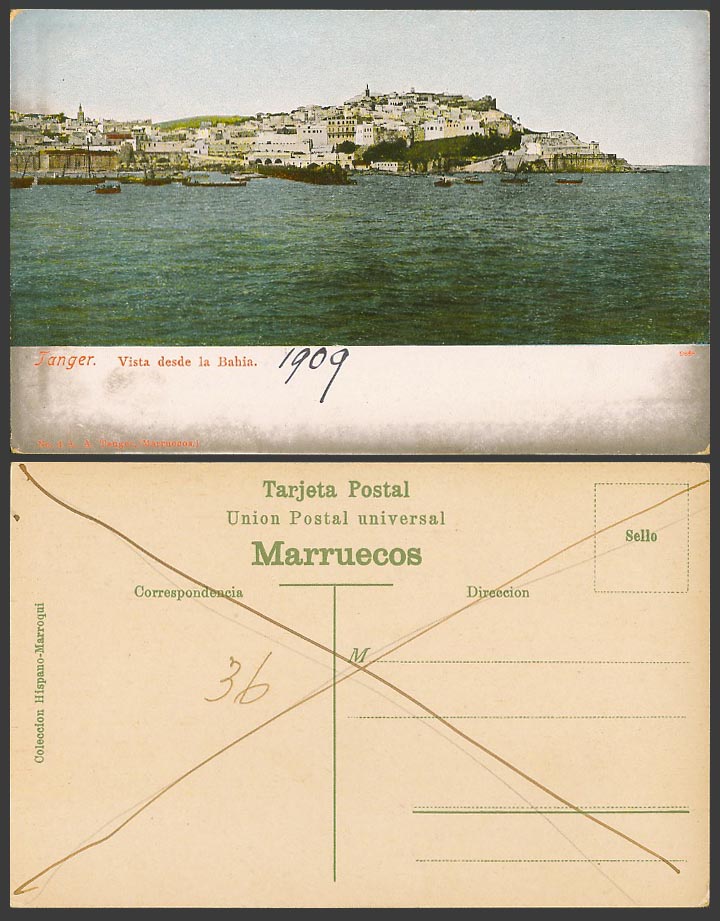 Morocco 1909 Old Postcard Tangier Tanger Vista desde la Bahia Harbour Boats Hill