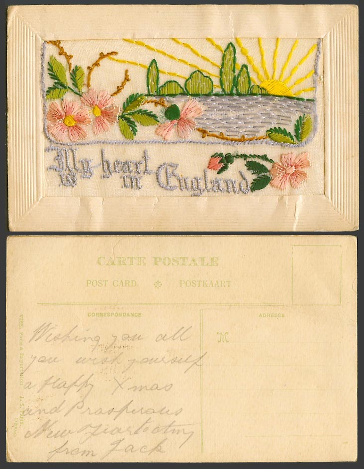 WW1 SILK Embroidered Old Postcard My Heart is in England Sun Rays Flowers Wallet