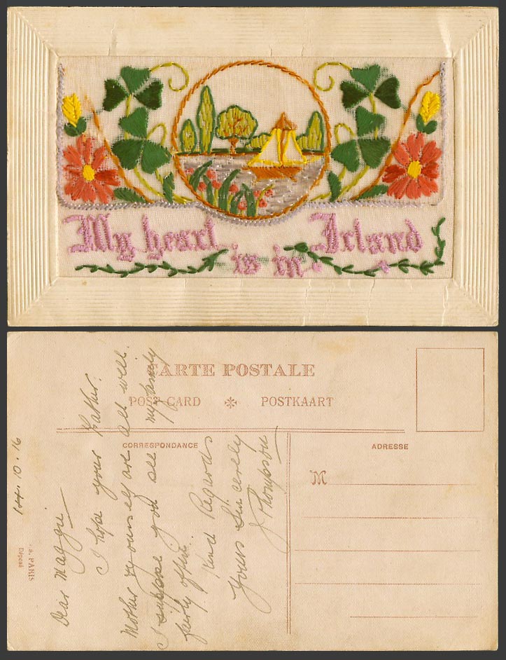 WW1 SILK Embroidered 1916 Old Postcard My Heart is in Ireland Boat Flower Wallet