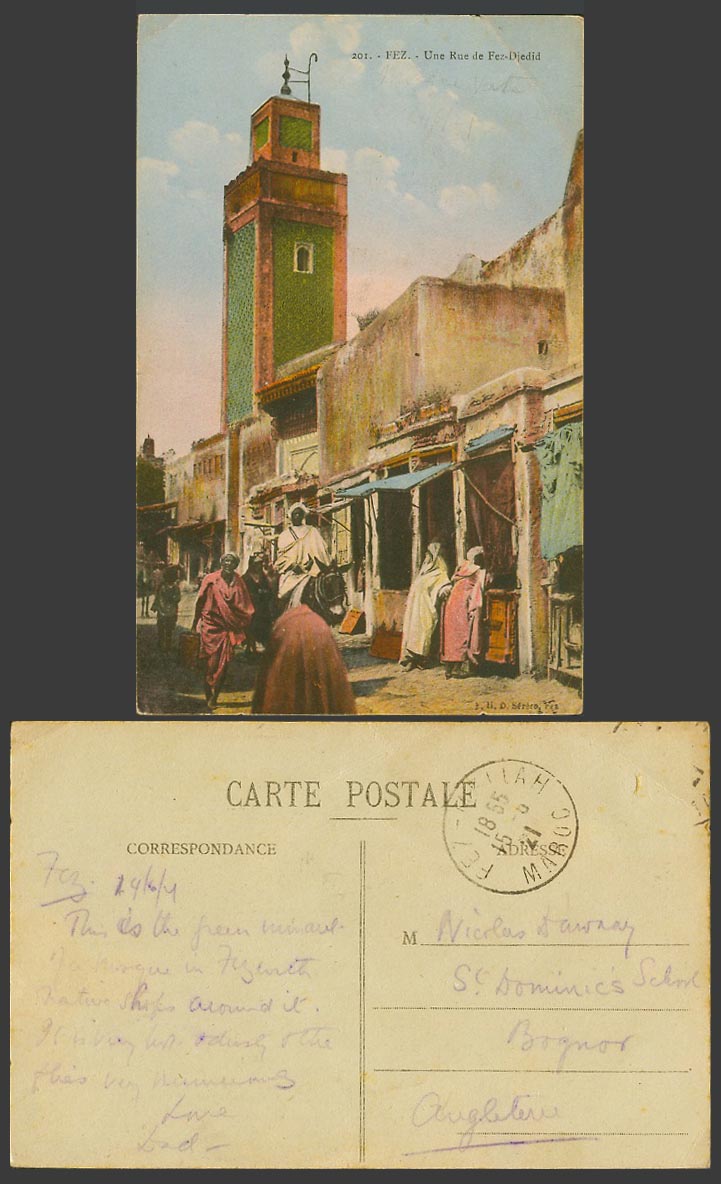 Morocco 1921 Old Postcard Fes Fez Rue de Fez-Djedid Street, Mosque Tower, Donkey