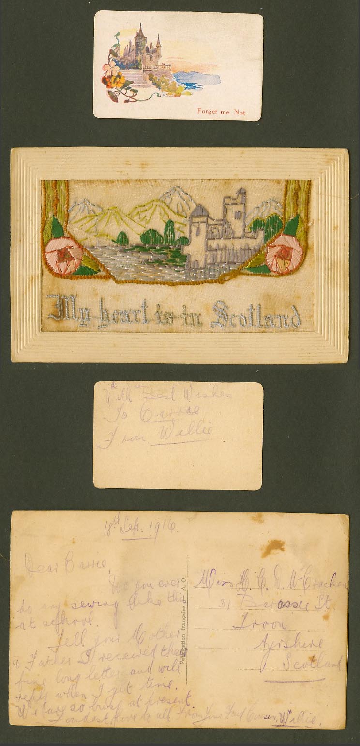 WW1 SILK Embroidered 1916 Old Postcard My Heart is in Scotland Castle Mts Wallet