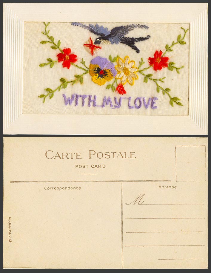 WW1 SILK Embroidered Old Postcard With My Love Blue Bird delivers Letter Flowers