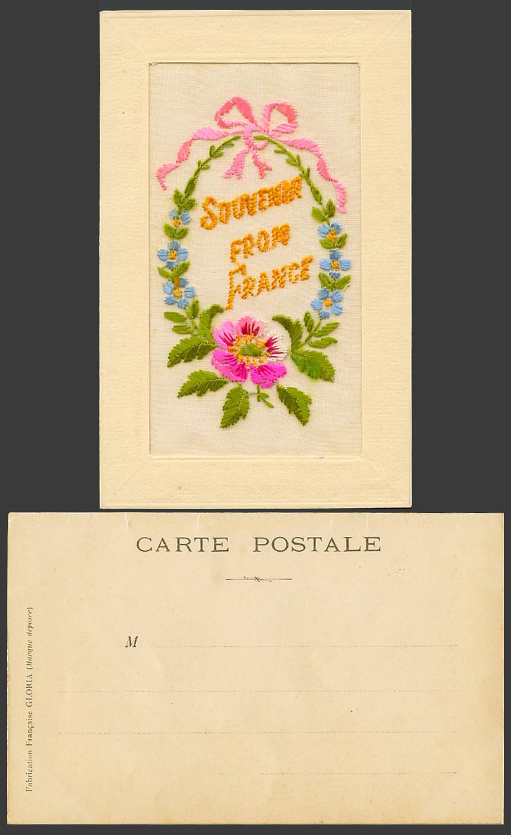 WW1 SILK Embroidered French Old UB Postcard Souvenir from France Flowers, Gloria