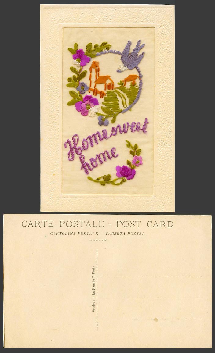 WW1 SILK Embroidered Old Postcard Home Sweet Home Blue Bird Flowers Church House