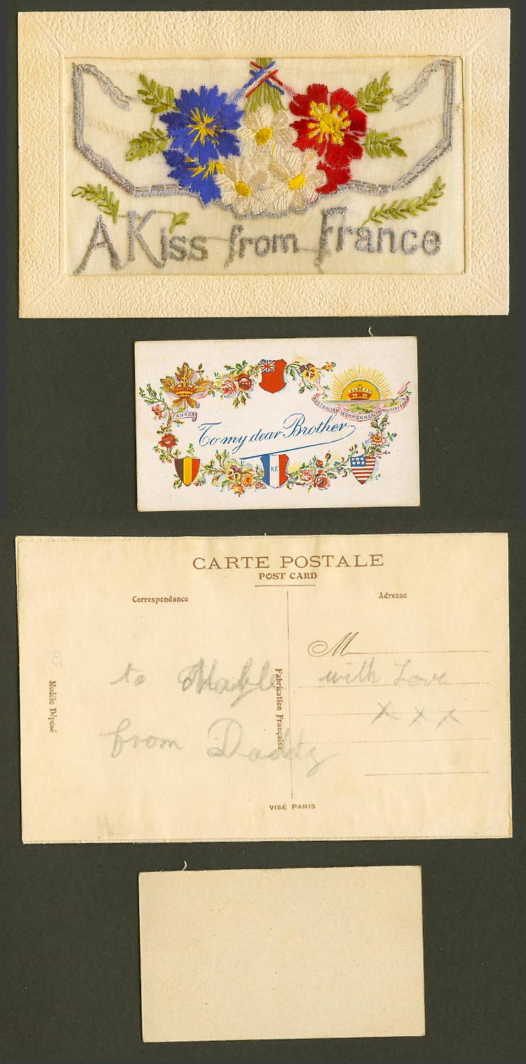 WW1 SILK Embroidered Old Postcard A Kiss from France, To My Dear Brother, Wallet