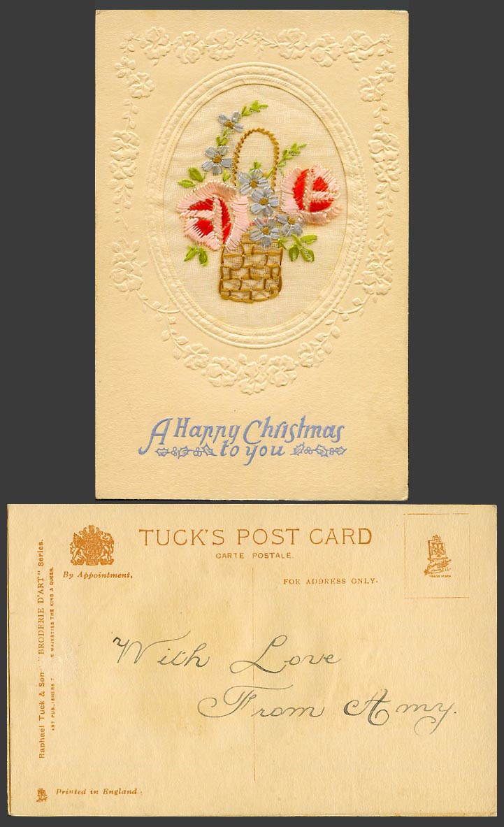 WW1 SILK Embroidered 1918 Old Tuck's Postcard A Happy Christmas Flowers & Basket