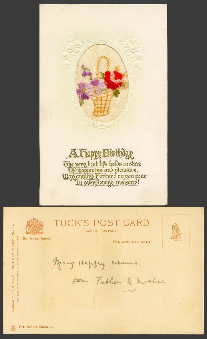 WW1 SILK Embroidered 1918 Old Tuck's Postcard A Happy Birthday, Flowers & Basket