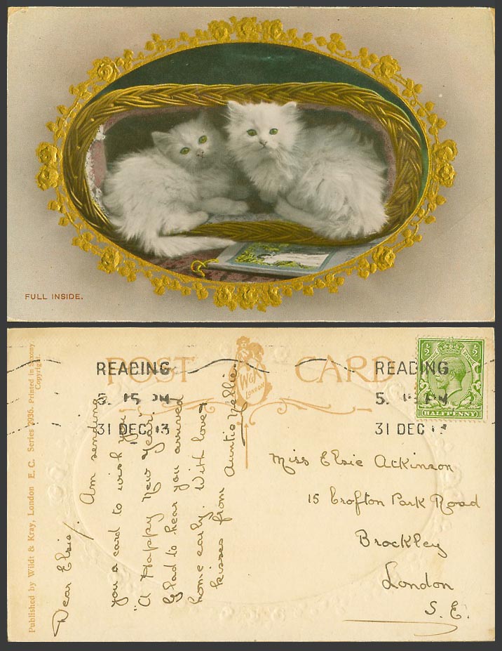 Cats Kittens Full Inside Basket 1913 Old Embossed Postcard Pets Animals W&K 2936