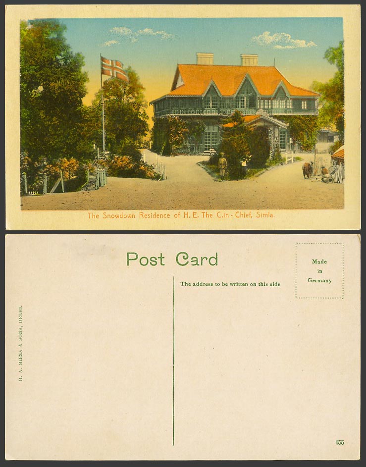 India Old Colour Postcard The Snowdown Residence of H.E. C.in-Chief, Simla, Flag