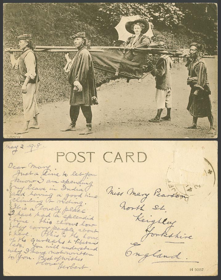 Tibet China India 1918 Old Postcard Tibetan Dandy Bearers Western Lady Umbrella