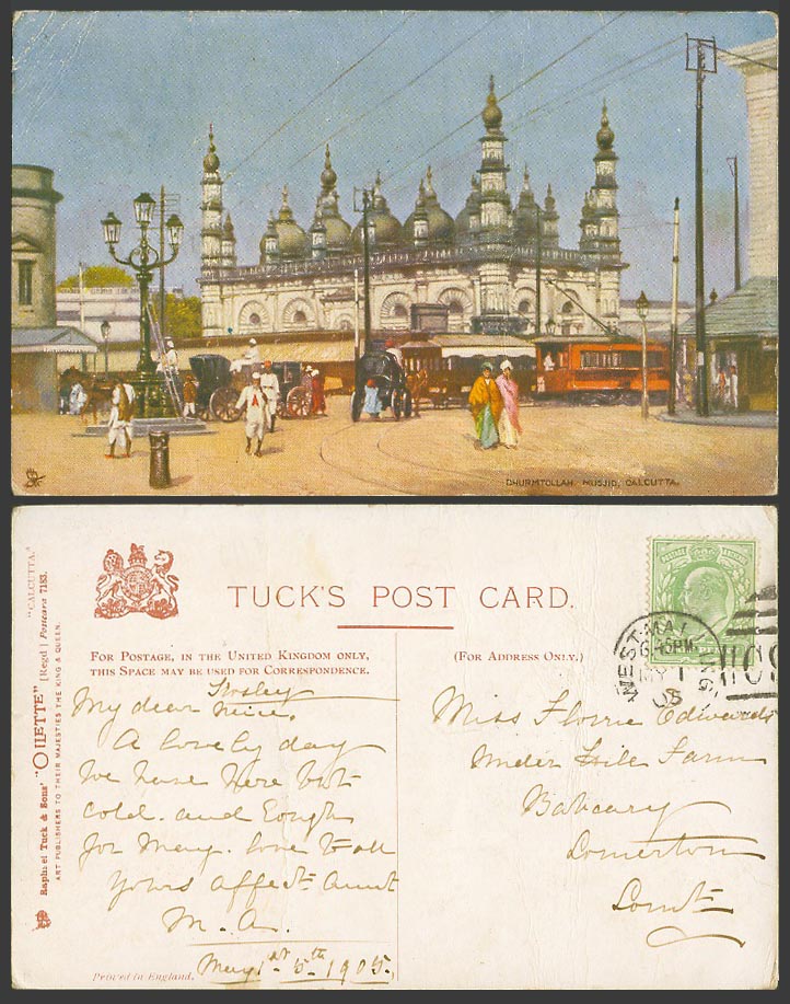 India 1905 Old Tuck's Oilette Postcard Dhurmtollah Musjid Calcutta, Street Scene
