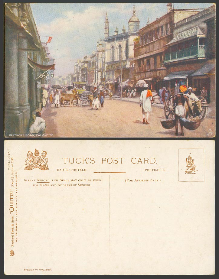 India Old Tuck's Oilette Postcard CHITPORE ROAD Street Scene Calcutta TRAM Carts