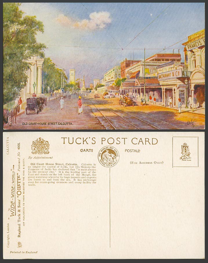 India Vintage Tuck's Oilette Postcard Old Court House Street Scene Calcutta, Car