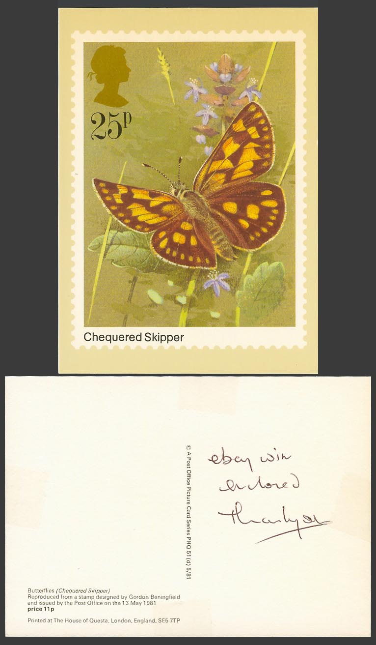 PHQ Card Butterfly Butterflies Chequered Skipper Gordon Beningfield 25p Postcard