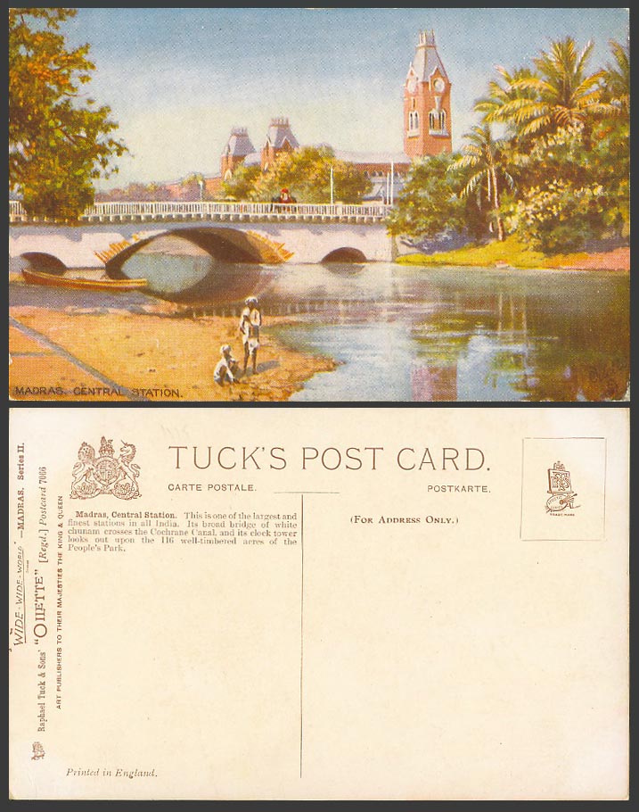 India Old Tuck's Oilette Postcard MADRAS Central Railway Station, Bridge & River