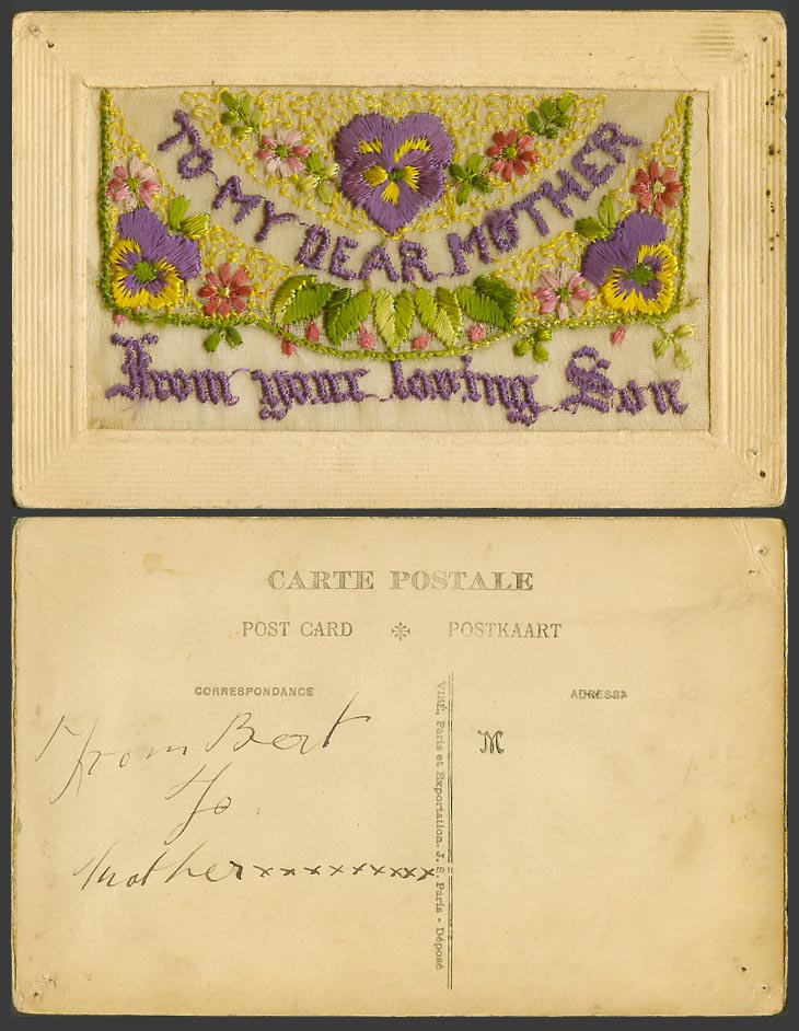 WW1 SILK Embroidered Old Postcard To My Dear Mother From Your Loving Son Pansies