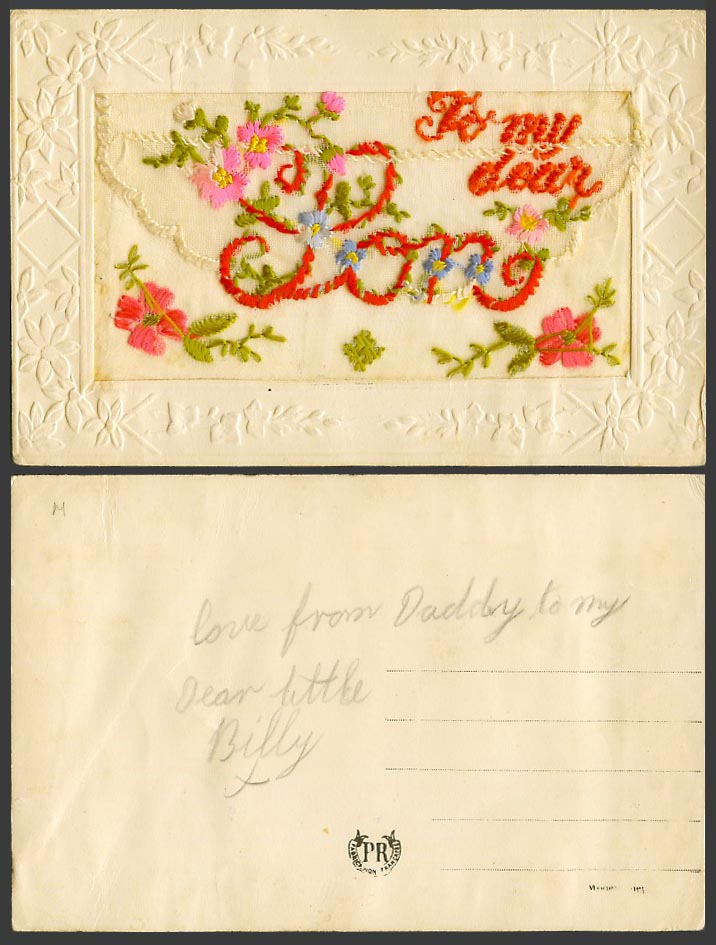 WW1 SILK Embroidered French Old Postcard To My Dear Son, Flowers, Empty Wallet