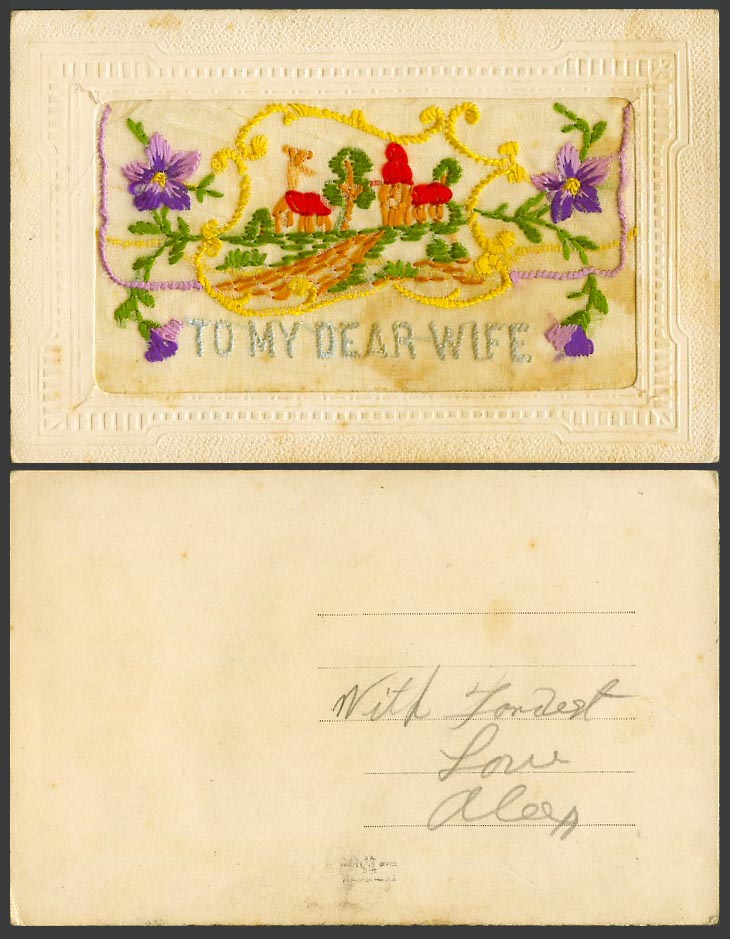 WW1 SILK Embroidered Old Postcard To My Dear Wife, House & Church, Empty Wallet