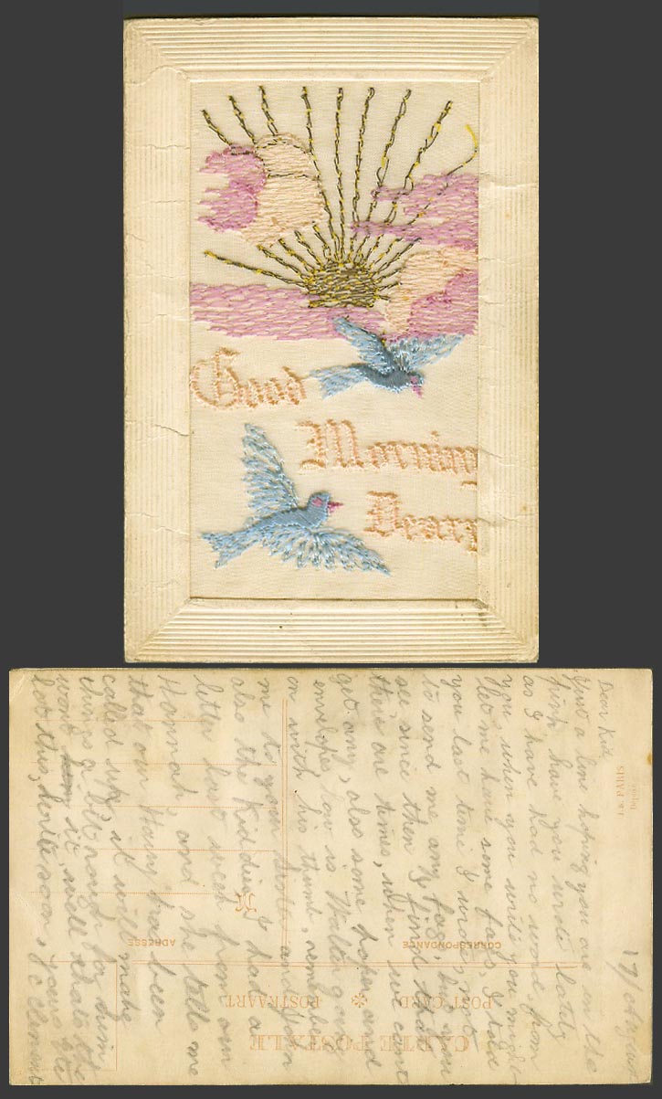 WW1 SILK Embroidered Old Postcard Good Morning Dears, Blue Birds Clouds Sun Rays