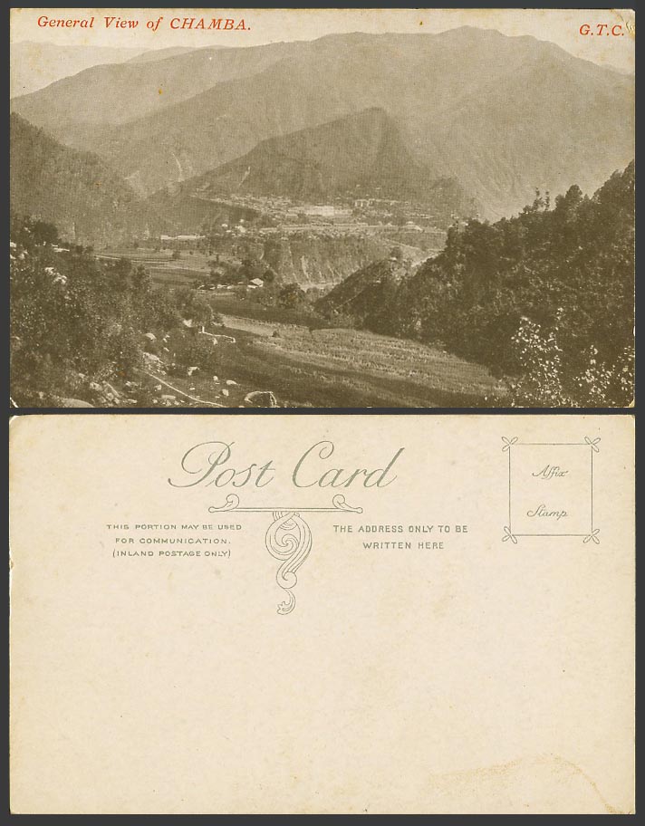 India Old Postcard General View of Chamba, Mountains Hills and Panorama G.T.C.