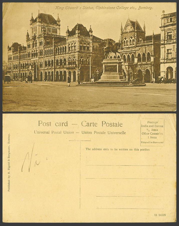 India Old Postcard King Edward's Statue Bombay Elphinstone College Library Inst.