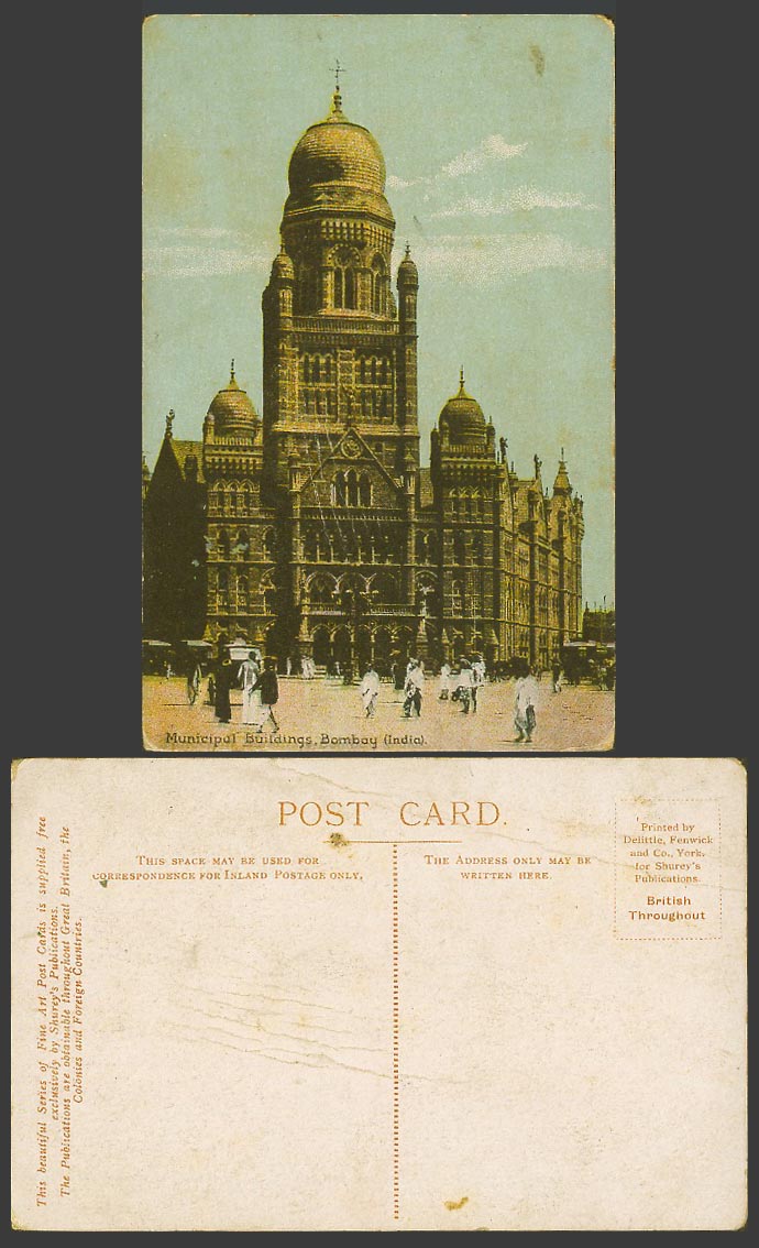 India Indian Old Color Postcard Municipal Buildings Street Scene Bombay Shurey's