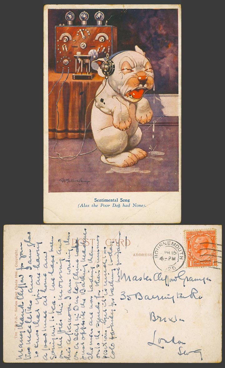 BONZO DOG GE Studdy 1925 Old Postcard Sentimental Song Alas Poor D Had None 1044